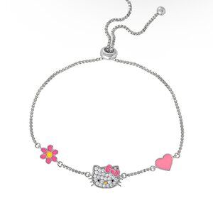 Sanrio Hello Kitty Silver Plated Cubic Zirconia Lariat Station Bracelet